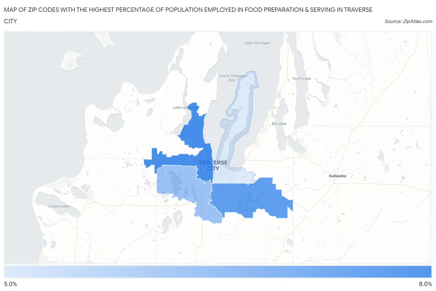 Zip Codes with the Highest Percentage of Population Employed in Food Preparation & Serving in Traverse City Map