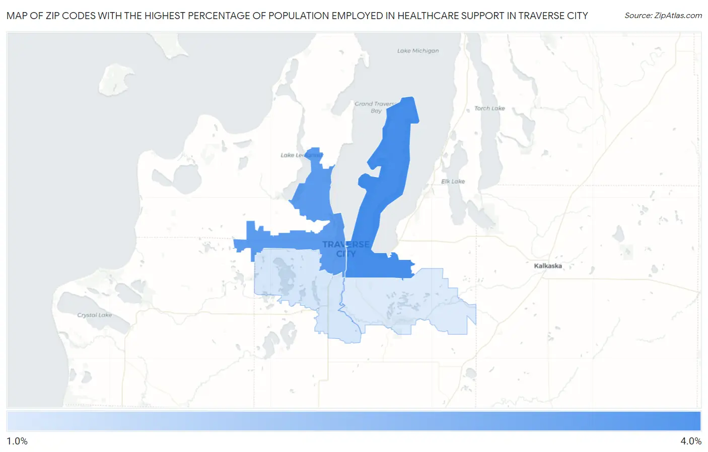 Zip Codes with the Highest Percentage of Population Employed in Healthcare Support in Traverse City Map
