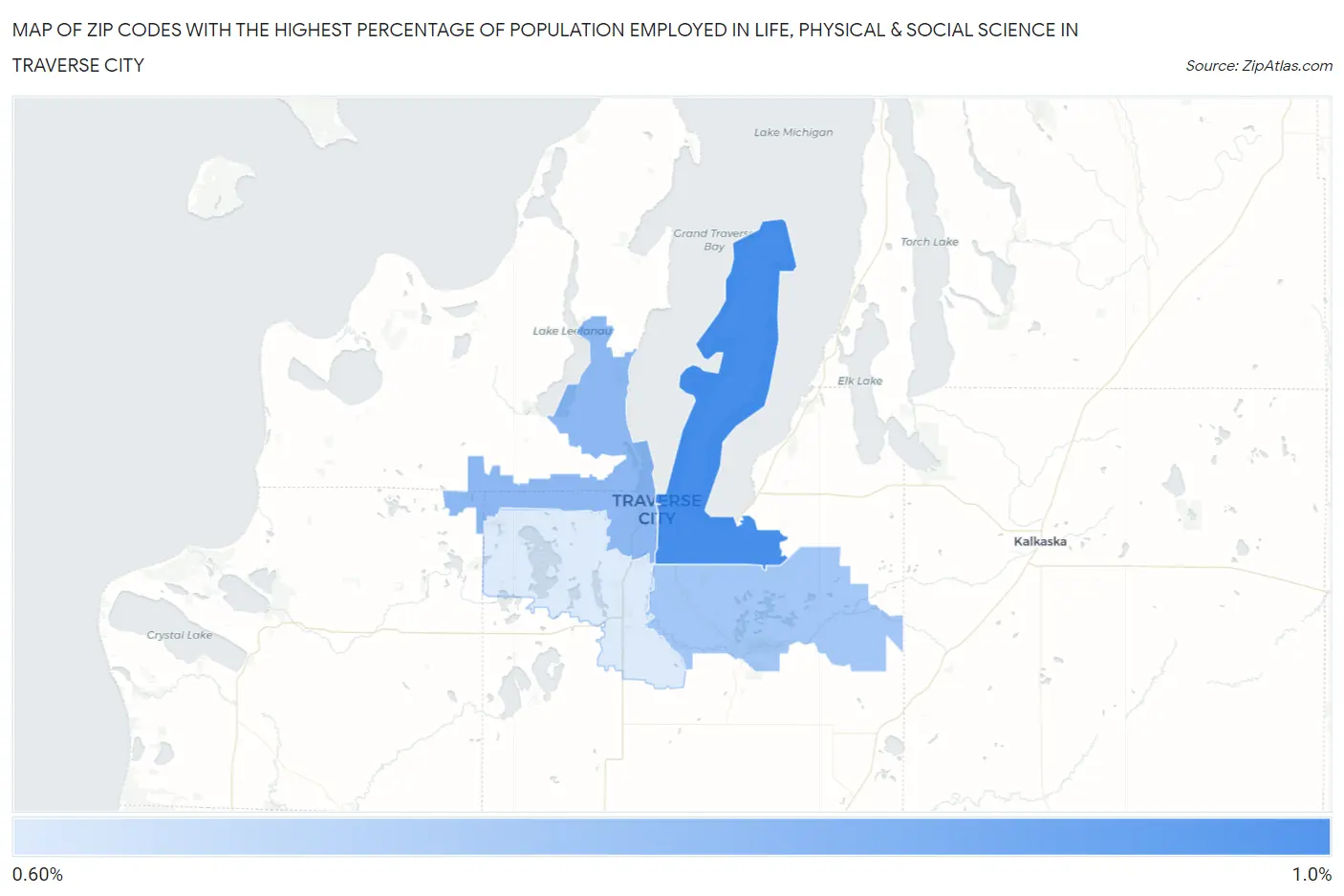 Zip Codes with the Highest Percentage of Population Employed in Life, Physical & Social Science in Traverse City Map