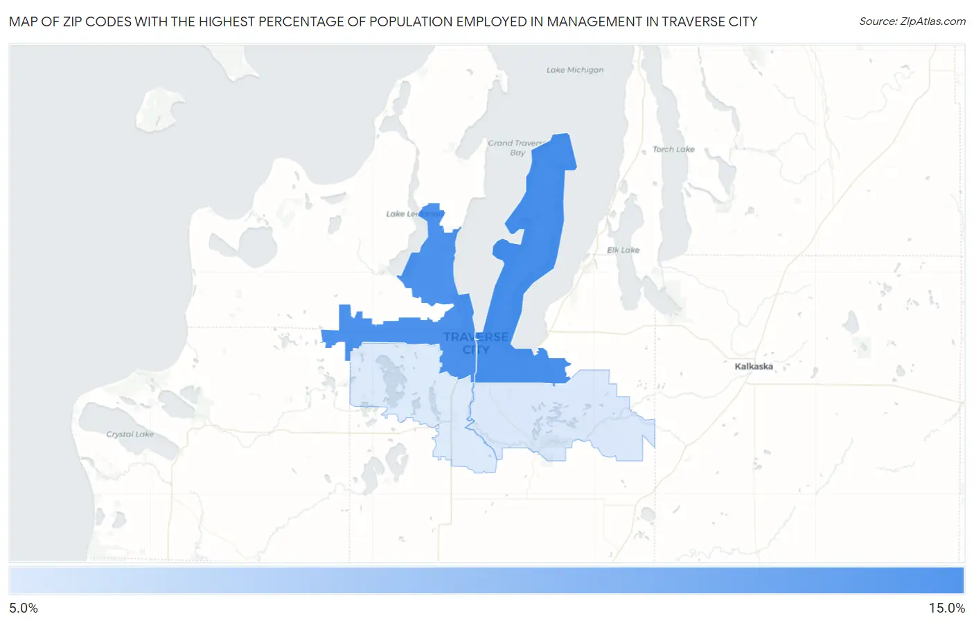 Zip Codes with the Highest Percentage of Population Employed in Management in Traverse City Map