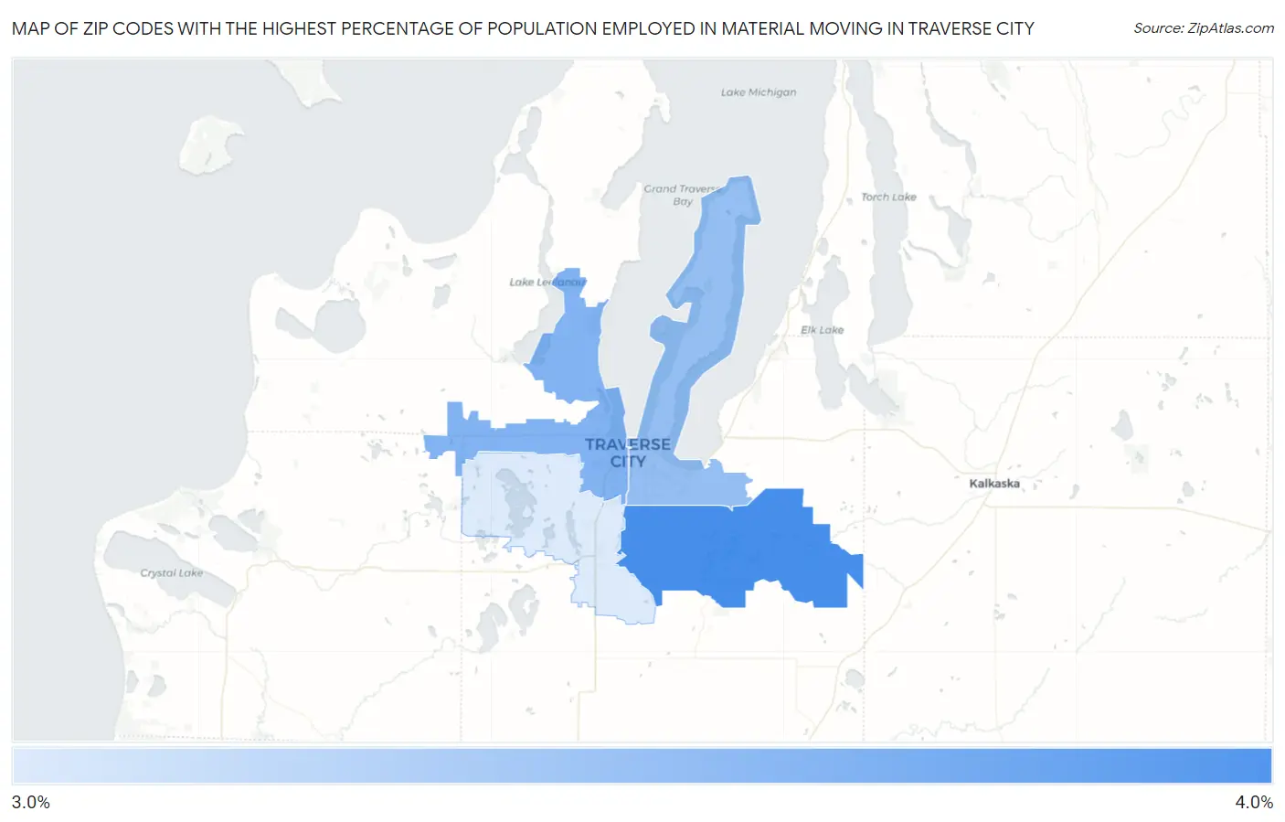 Zip Codes with the Highest Percentage of Population Employed in Material Moving in Traverse City Map