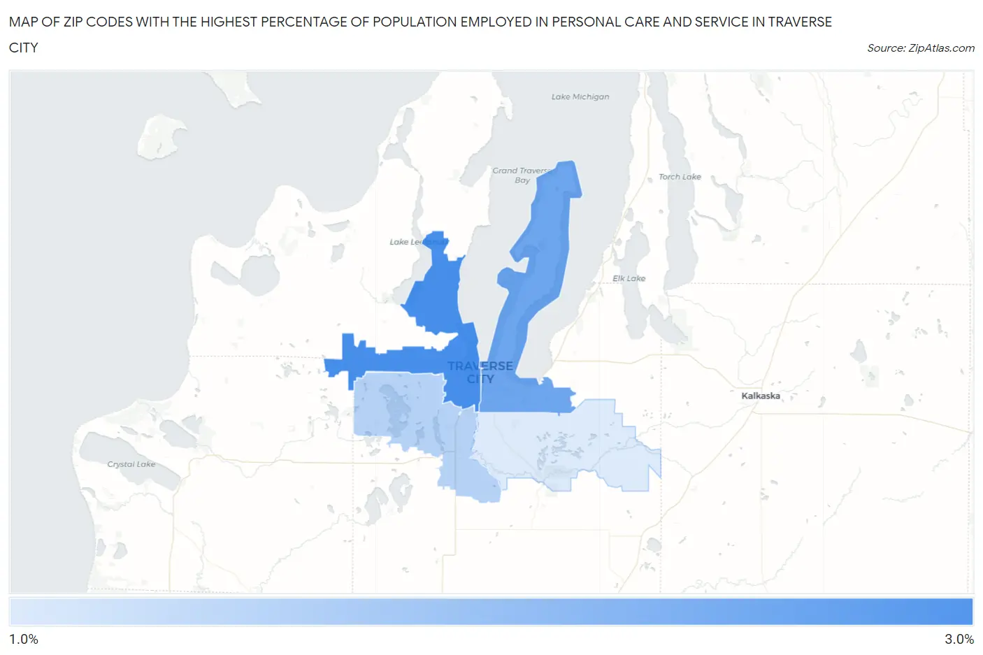 Zip Codes with the Highest Percentage of Population Employed in Personal Care and Service in Traverse City Map