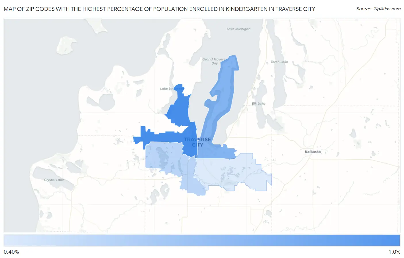 Zip Codes with the Highest Percentage of Population Enrolled in Kindergarten in Traverse City Map