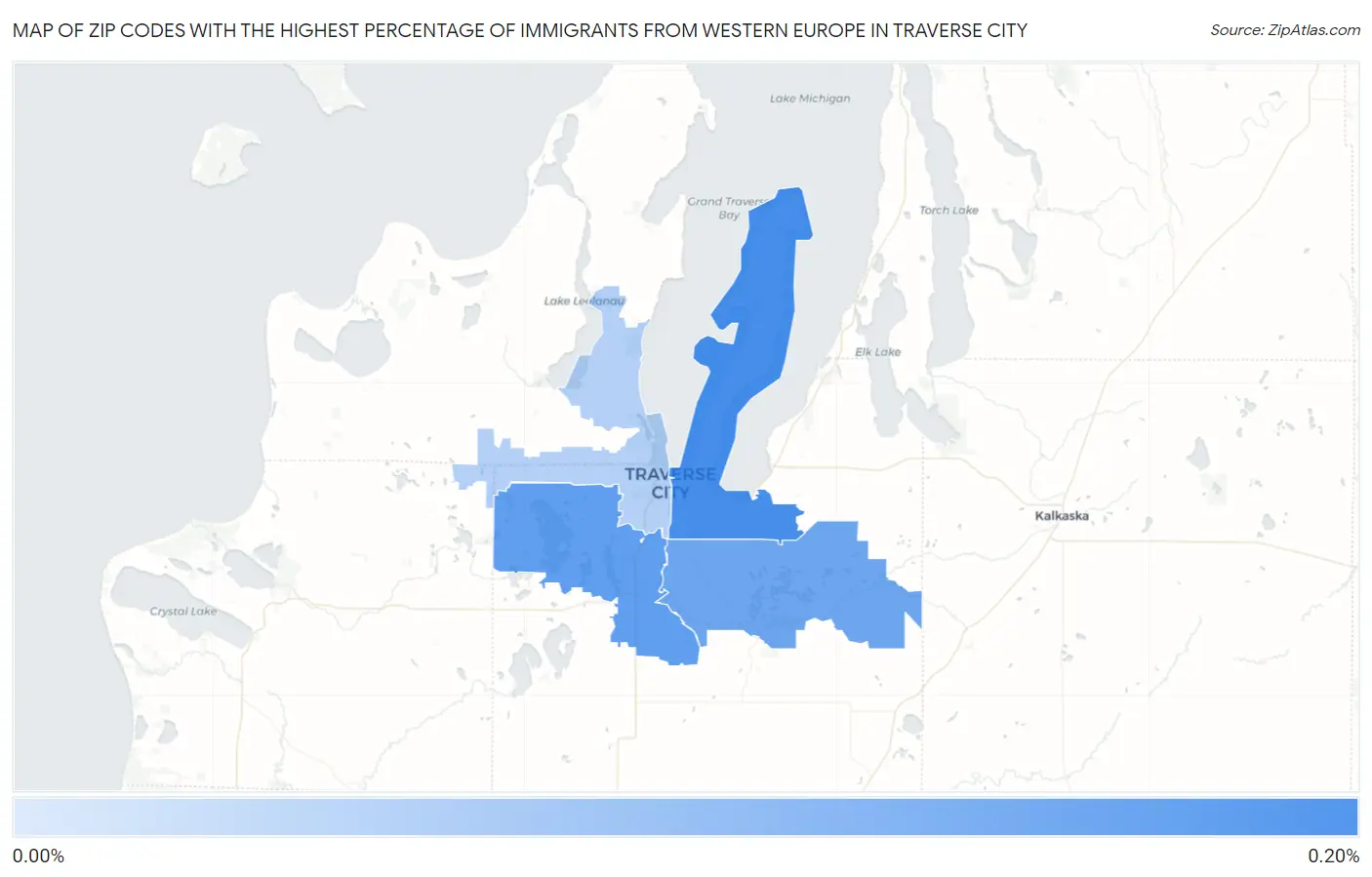 Zip Codes with the Highest Percentage of Immigrants from Western Europe in Traverse City Map