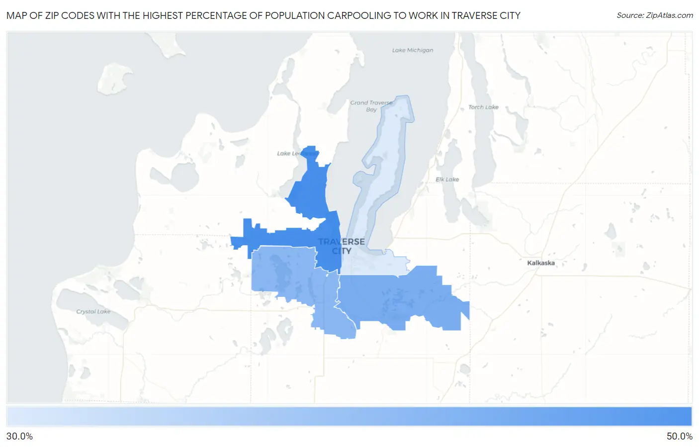 Zip Codes with the Highest Percentage of Population Carpooling to Work in Traverse City Map