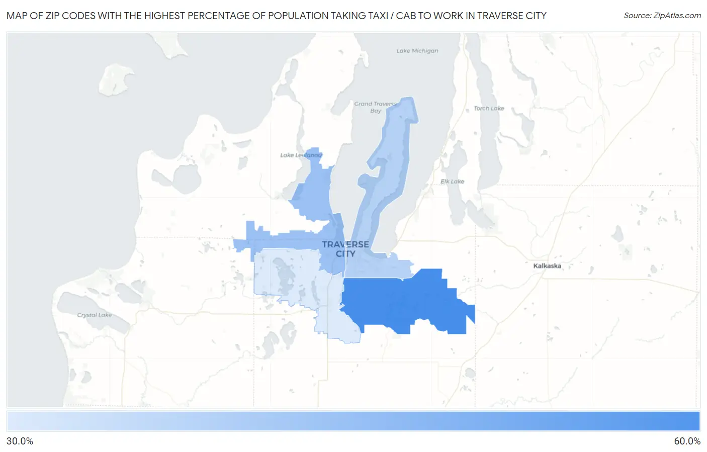 Zip Codes with the Highest Percentage of Population Taking Taxi / Cab to Work in Traverse City Map