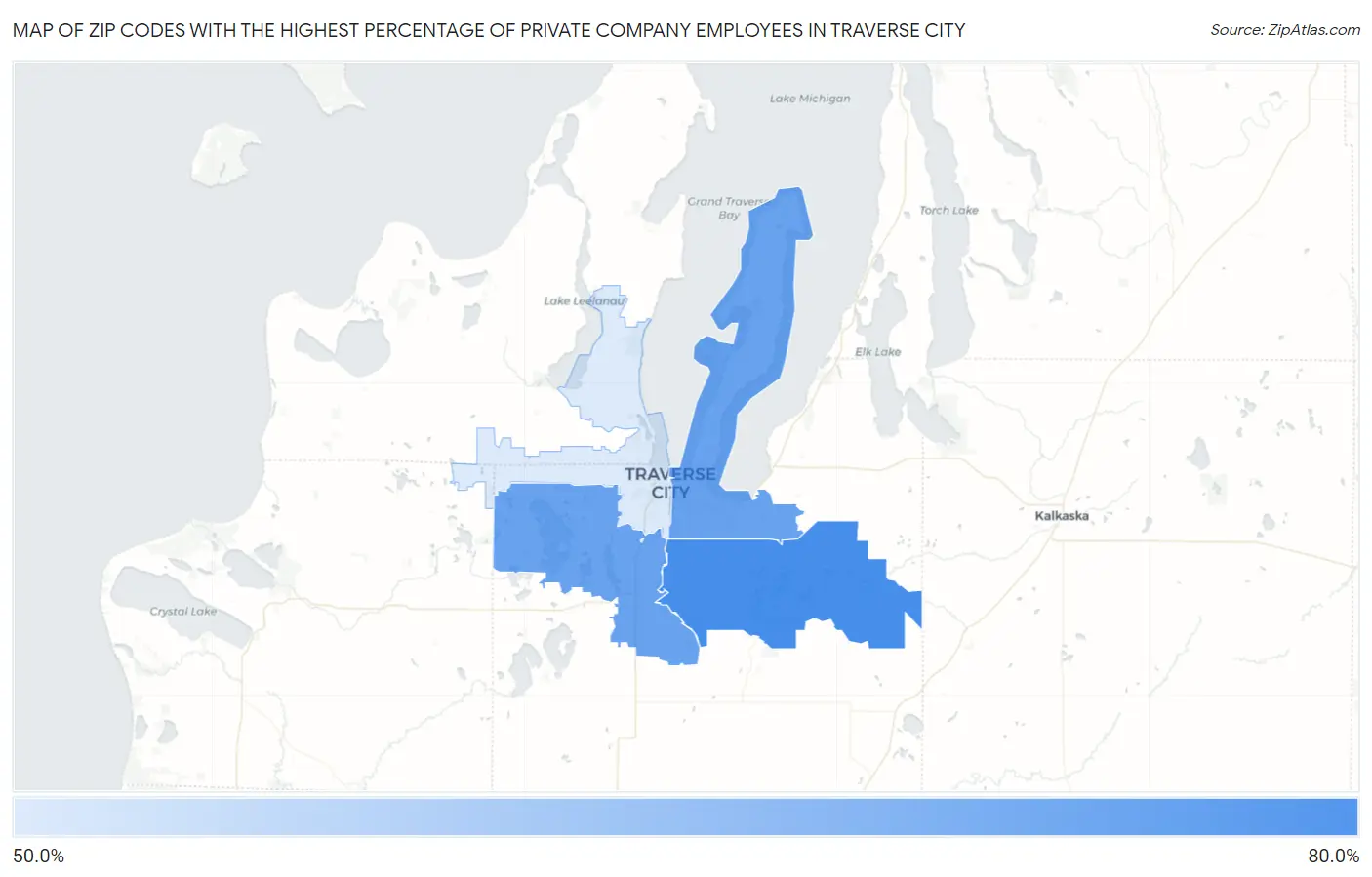 Zip Codes with the Highest Percentage of Private Company Employees in Traverse City Map