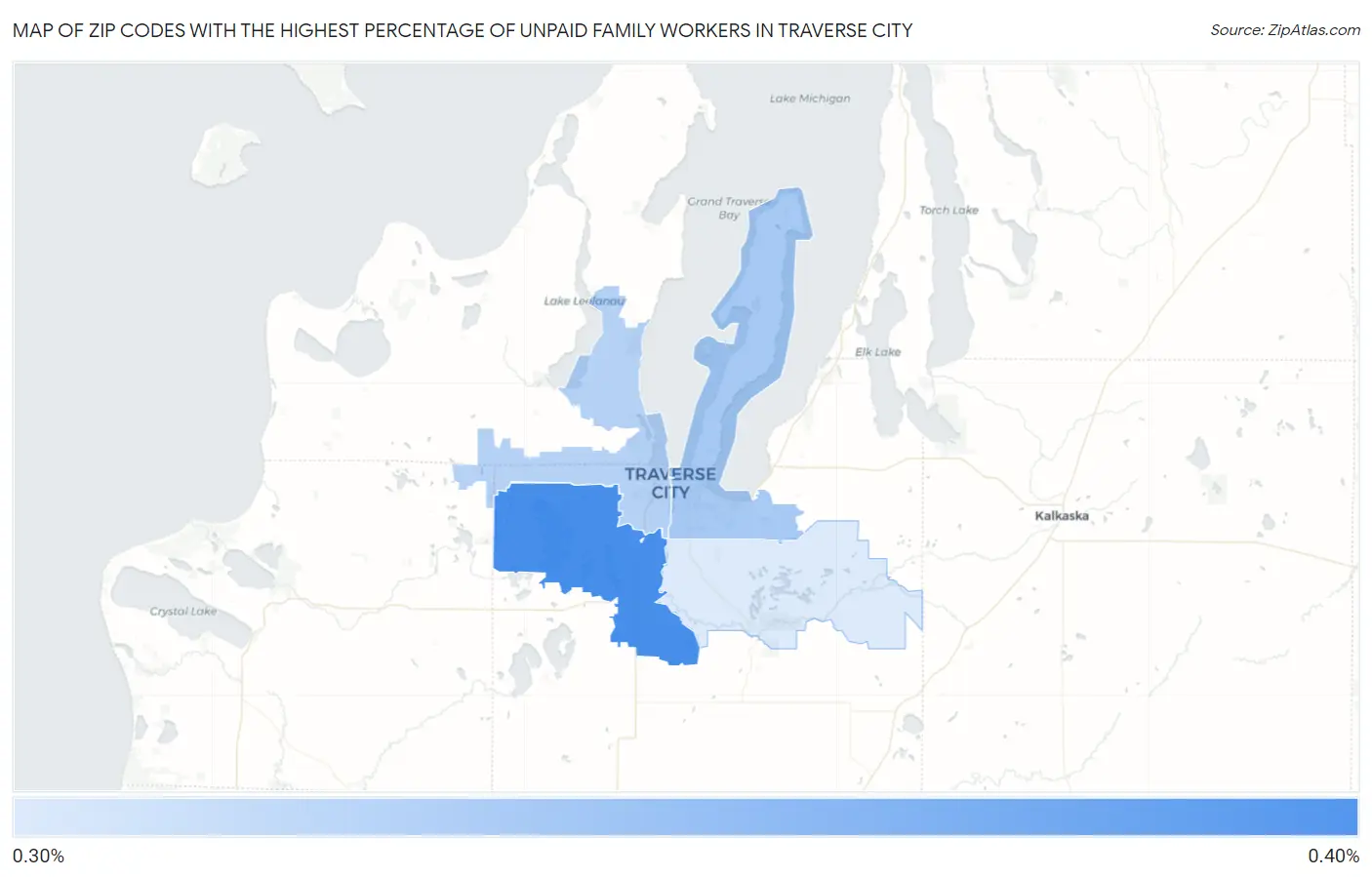 Zip Codes with the Highest Percentage of Unpaid Family Workers in Traverse City Map