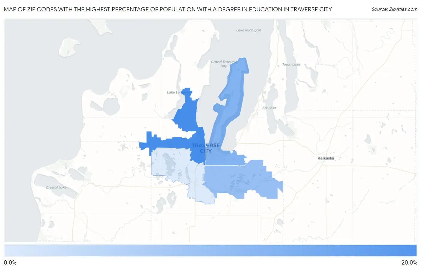 Zip Codes with the Highest Percentage of Population with a Degree in Education in Traverse City Map