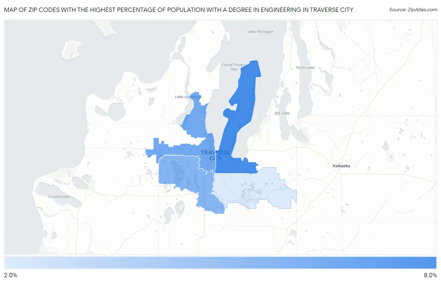 Zip Codes with the Highest Percentage of Population with a Degree in Engineering in Traverse City Map