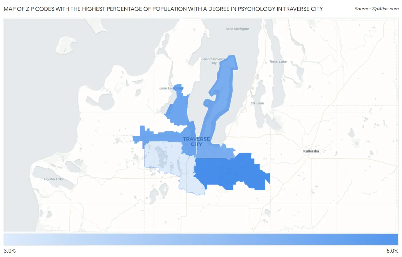 Zip Codes with the Highest Percentage of Population with a Degree in Psychology in Traverse City Map