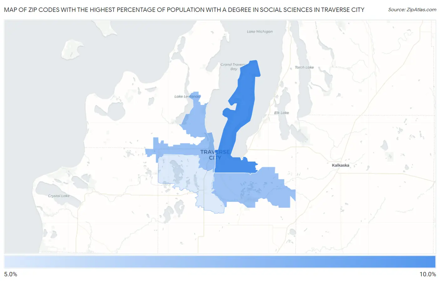 Zip Codes with the Highest Percentage of Population with a Degree in Social Sciences in Traverse City Map