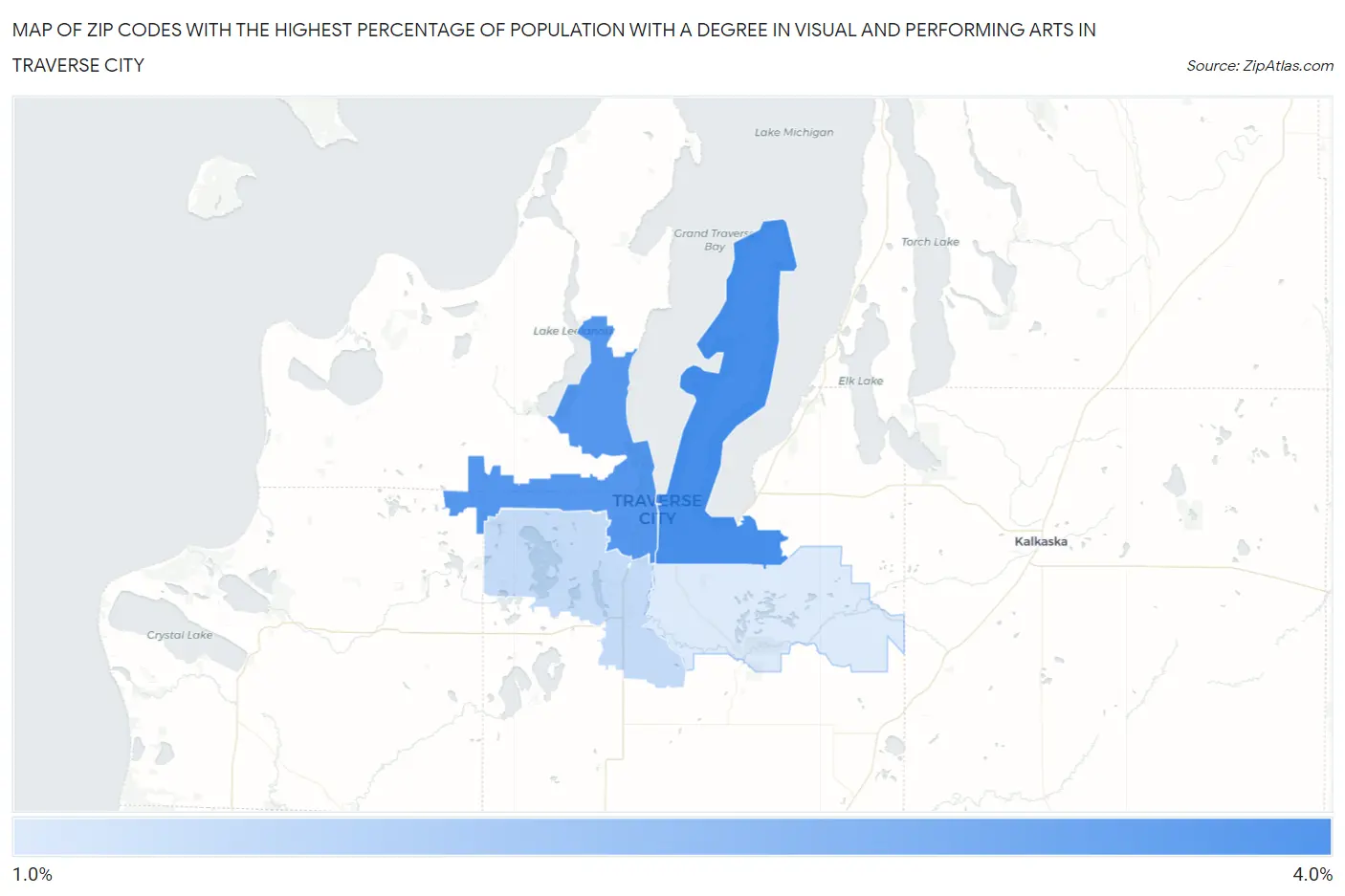 Zip Codes with the Highest Percentage of Population with a Degree in Visual and Performing Arts in Traverse City Map