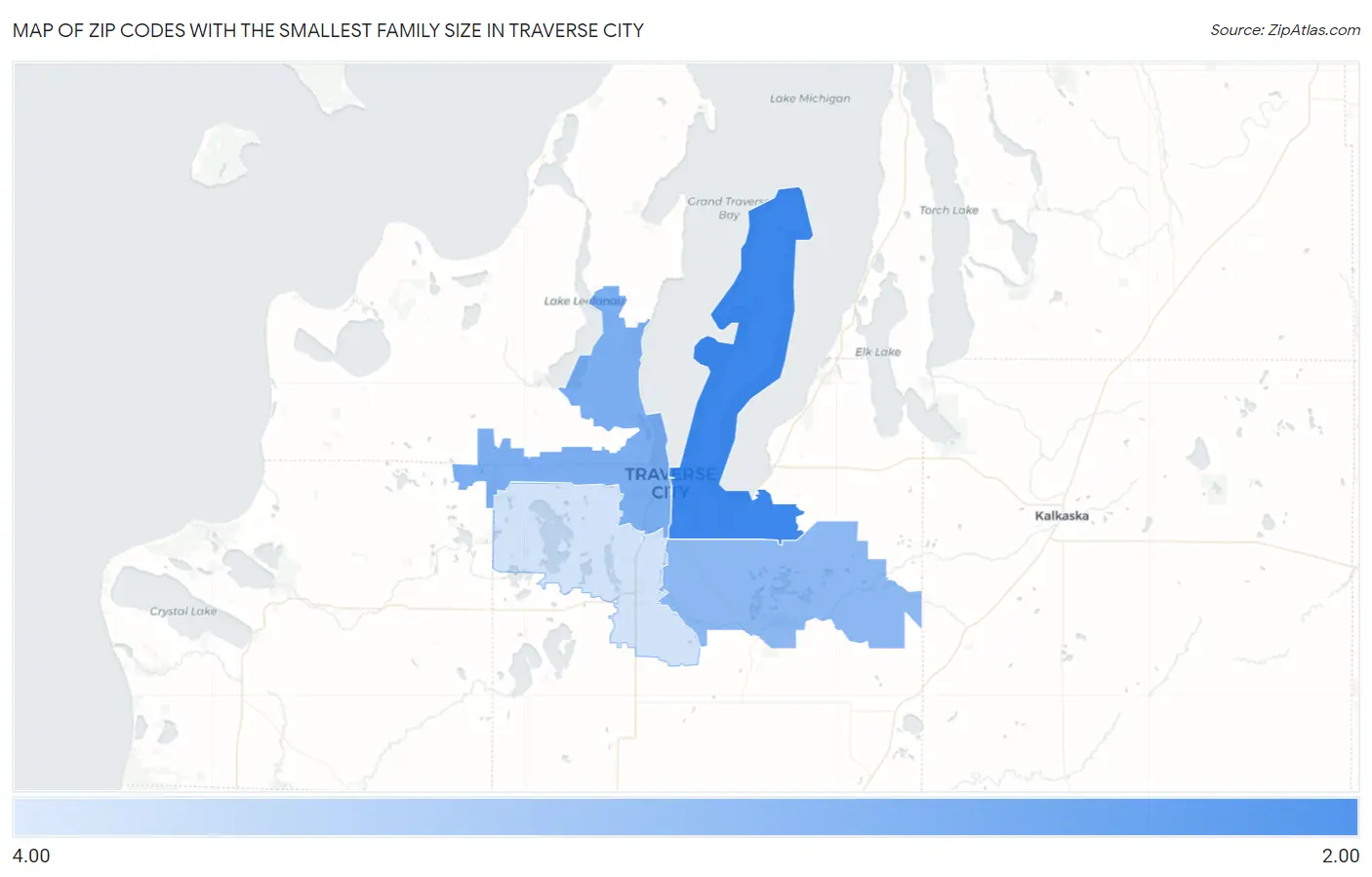Zip Codes with the Smallest Family Size in Traverse City Map