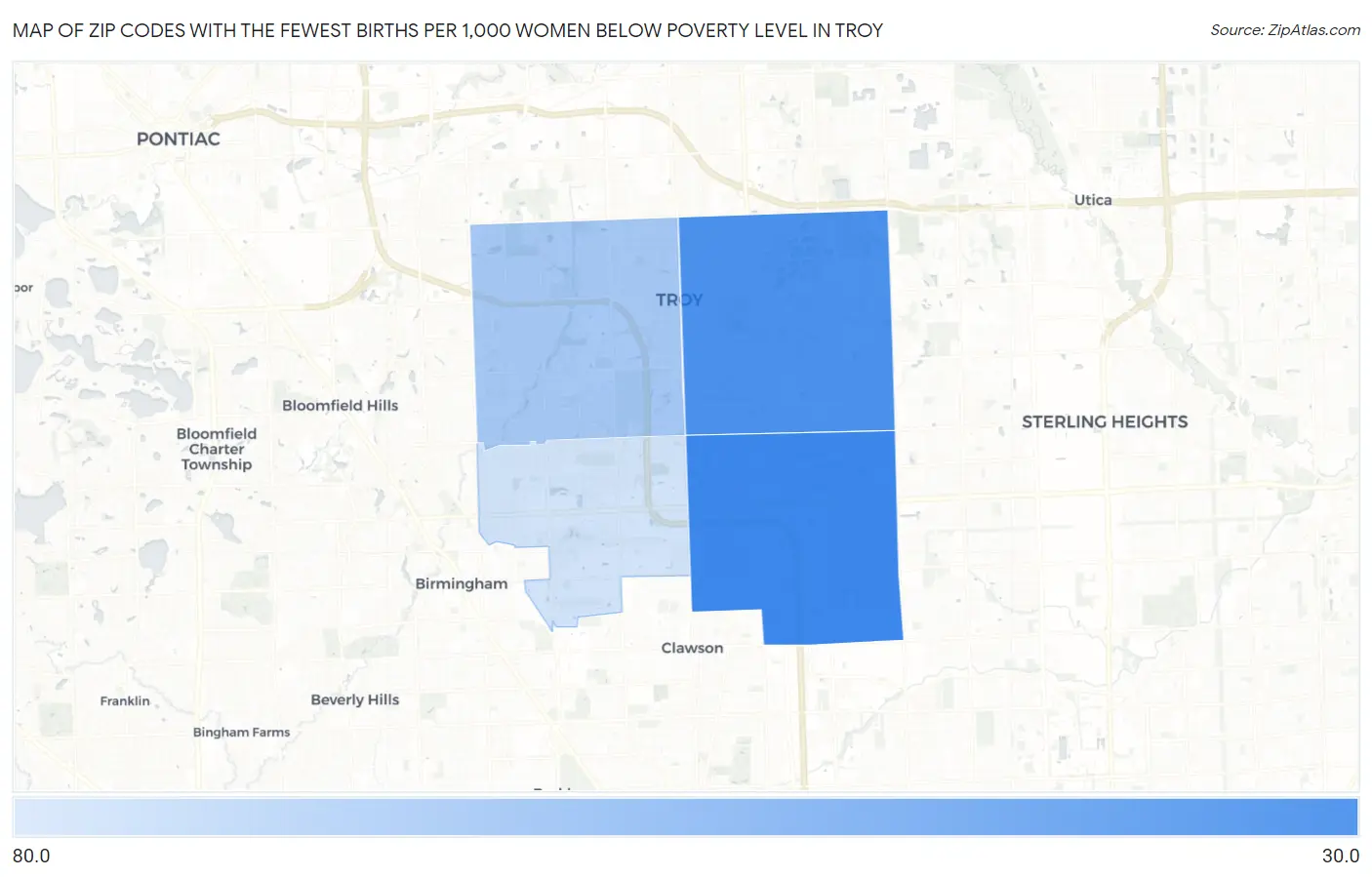 Zip Codes with the Fewest Births per 1,000 Women Below Poverty Level in Troy Map
