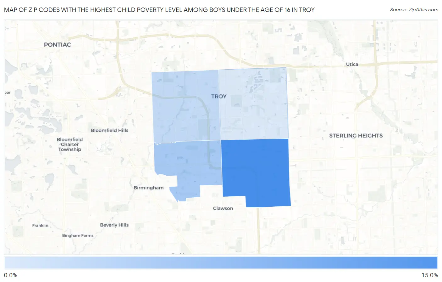 Zip Codes with the Highest Child Poverty Level Among Boys Under the Age of 16 in Troy Map