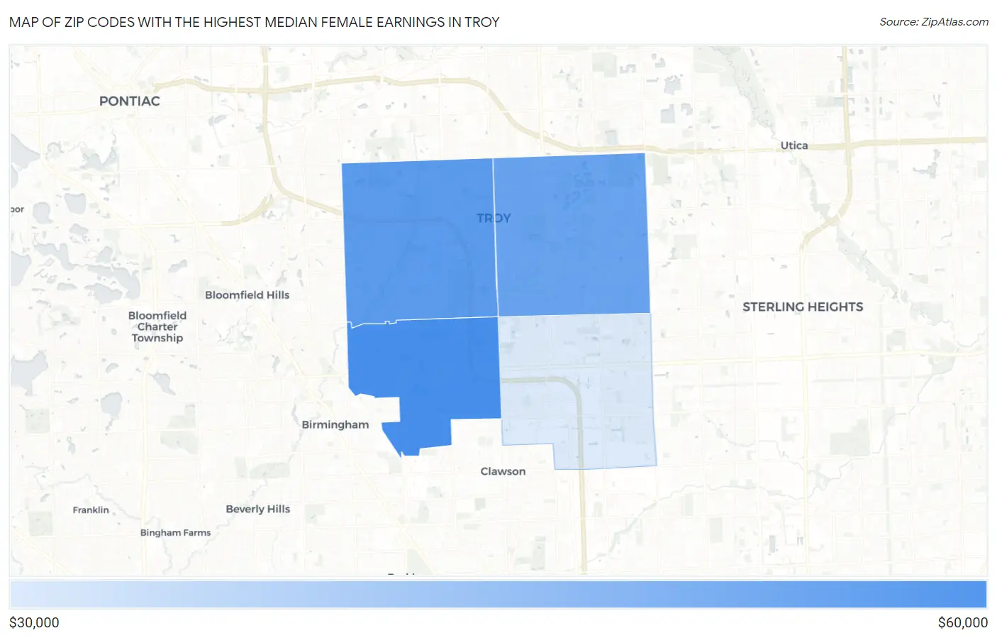 Zip Codes with the Highest Median Female Earnings in Troy Map