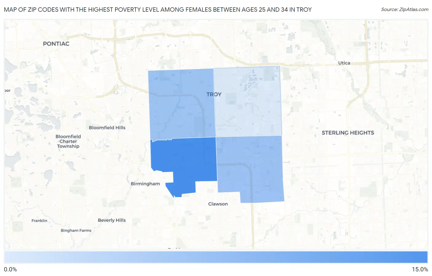 Zip Codes with the Highest Poverty Level Among Females Between Ages 25 and 34 in Troy Map