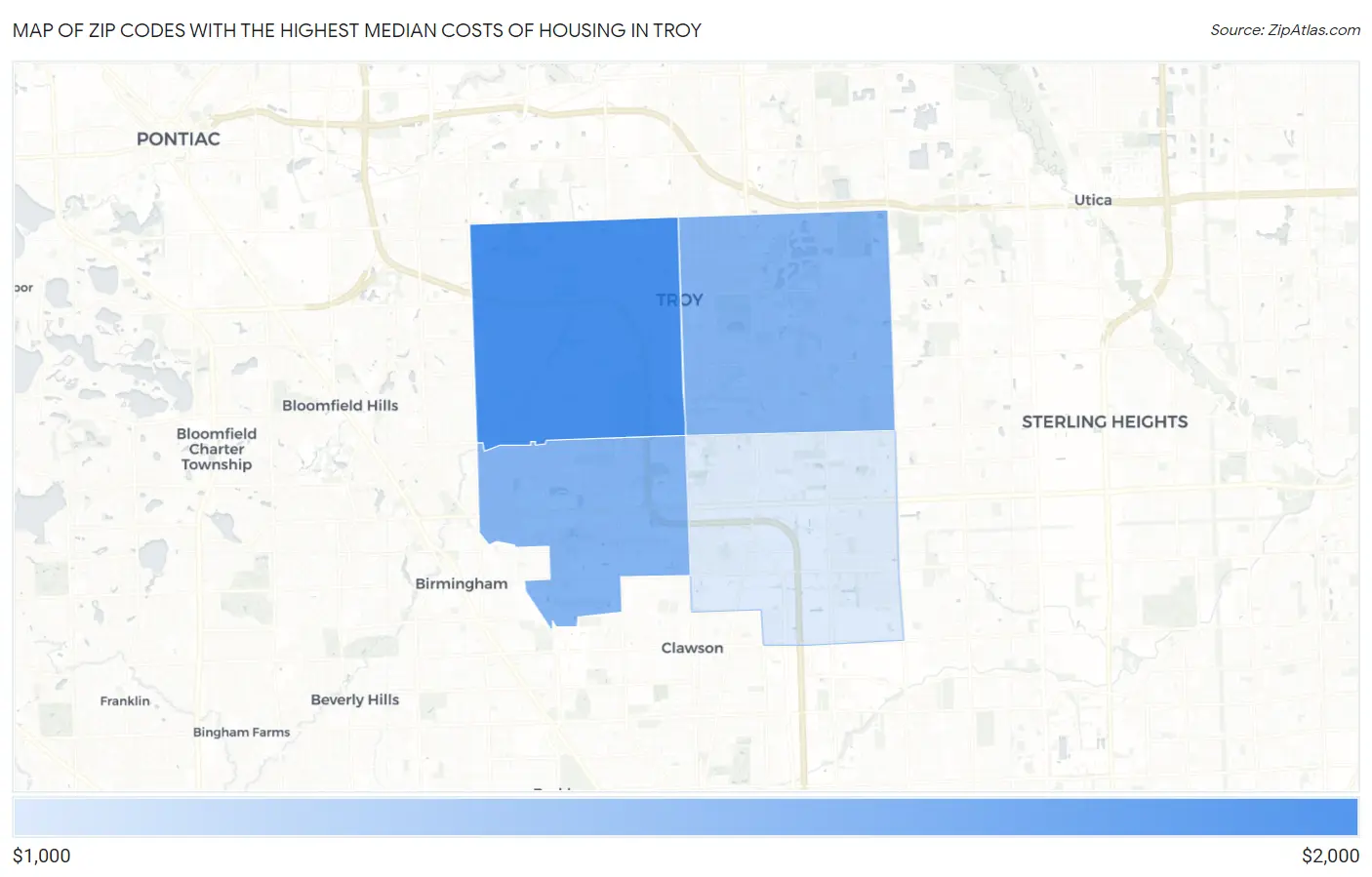 Zip Codes with the Highest Median Costs of Housing in Troy Map