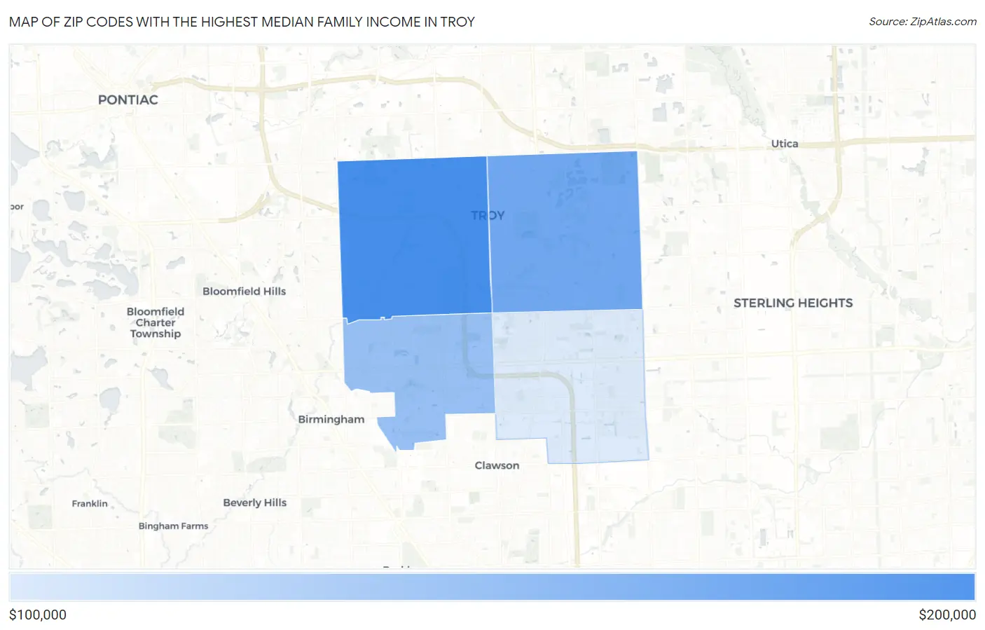 Zip Codes with the Highest Median Family Income in Troy Map