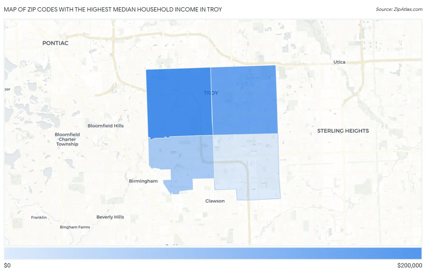Zip Codes with the Highest Median Household Income in Troy Map