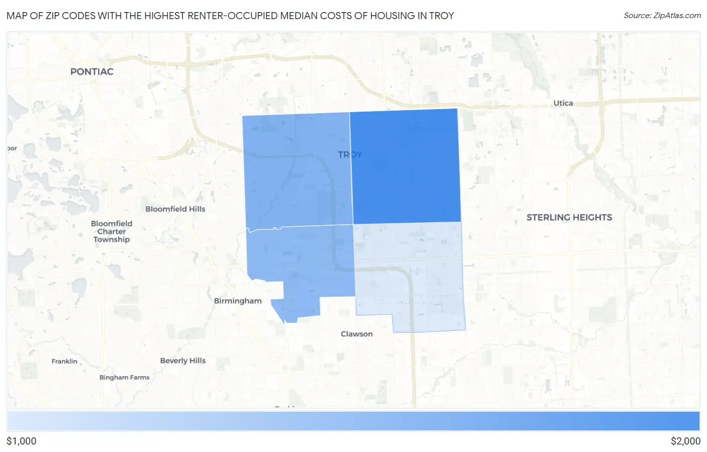 Zip Codes with the Highest Renter-Occupied Median Costs of Housing in Troy Map