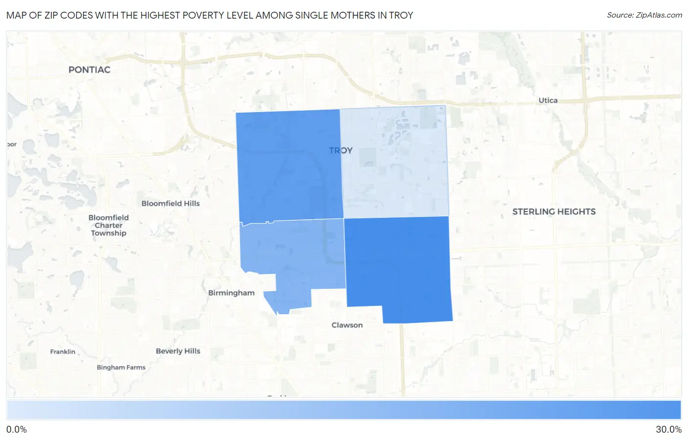 Zip Codes with the Highest Poverty Level Among Single Mothers in Troy Map