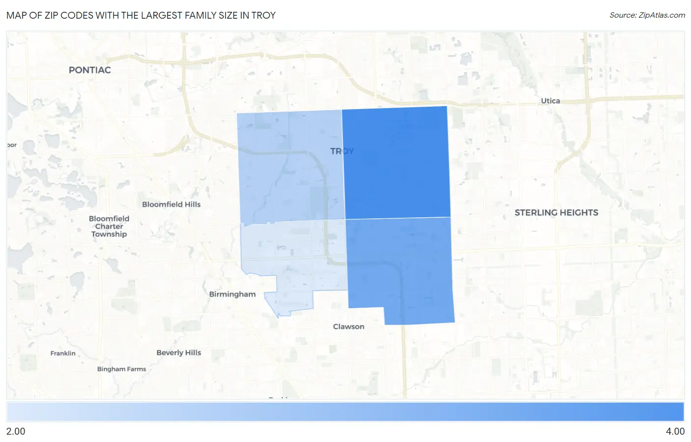 Zip Codes with the Largest Family Size in Troy Map