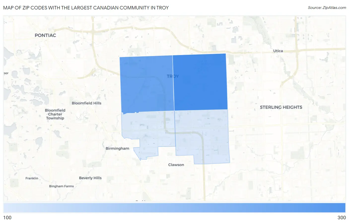 Zip Codes with the Largest Canadian Community in Troy Map