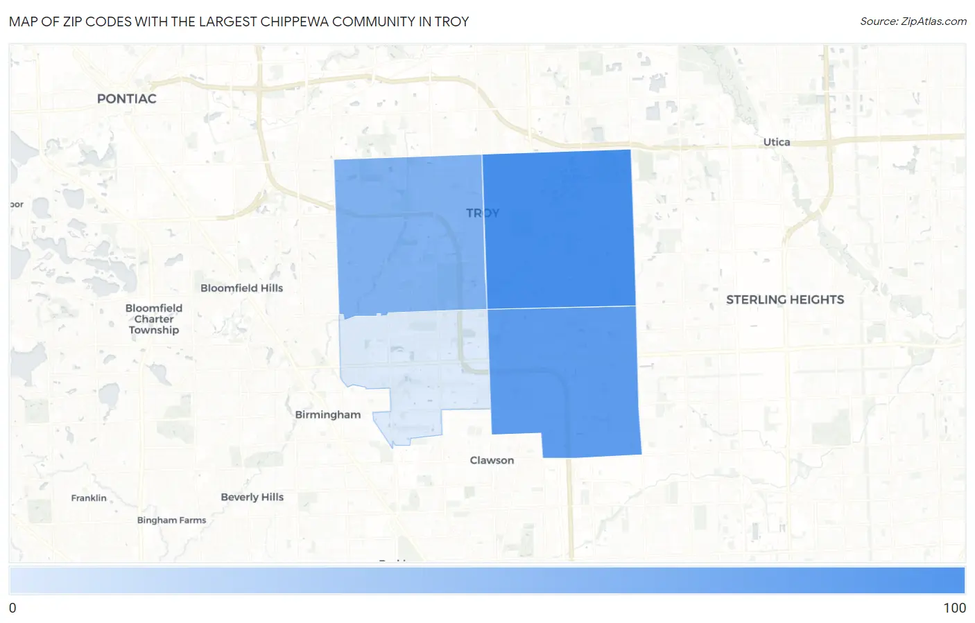 Zip Codes with the Largest Chippewa Community in Troy Map