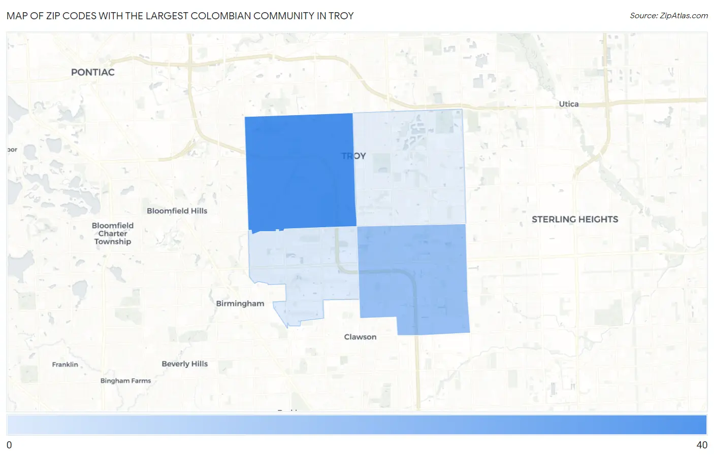 Zip Codes with the Largest Colombian Community in Troy Map