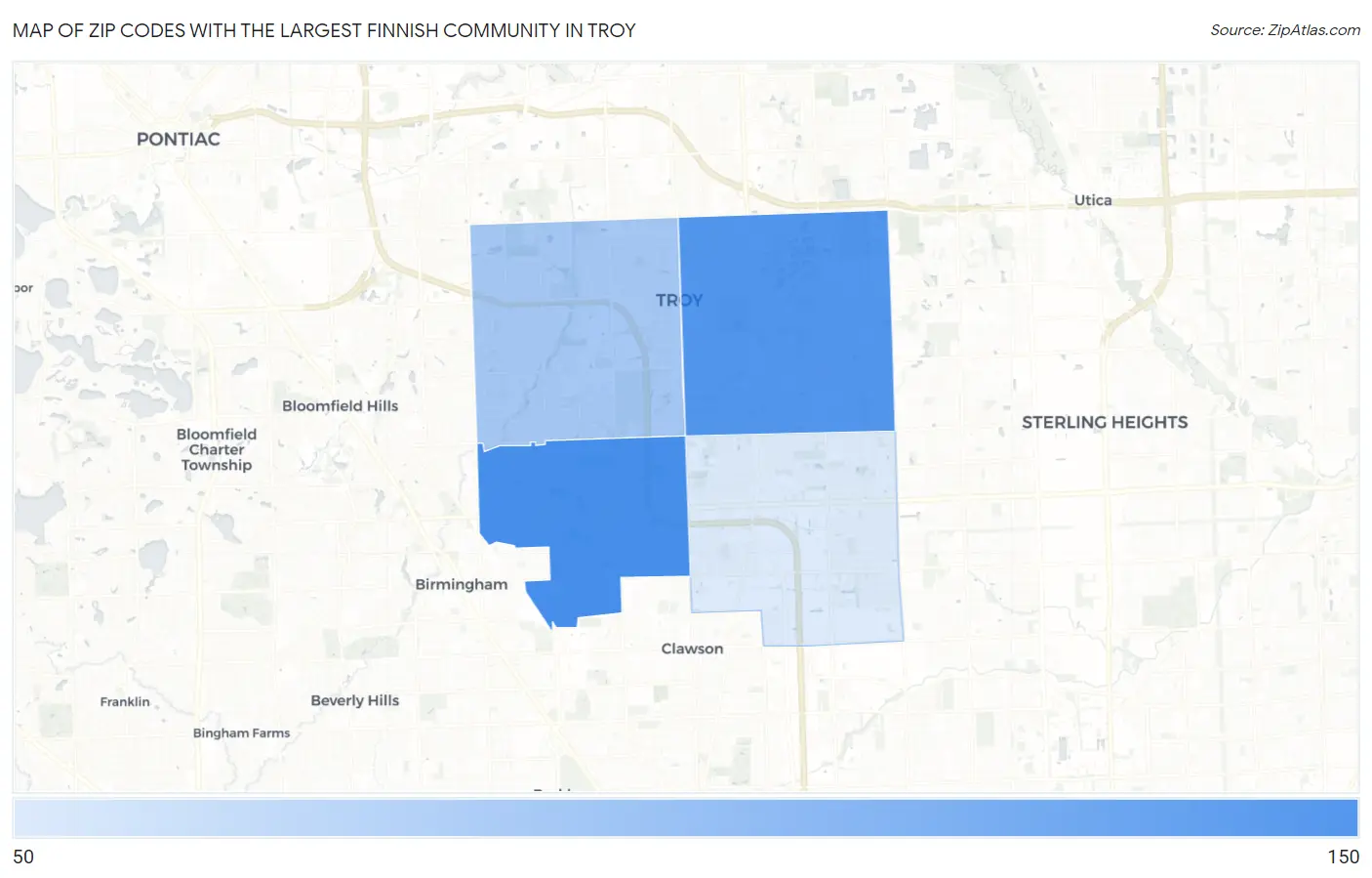 Zip Codes with the Largest Finnish Community in Troy Map