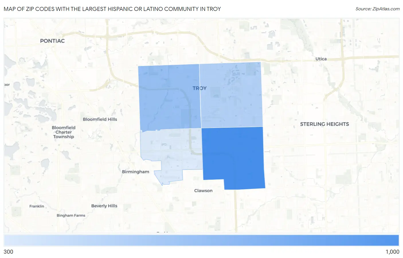 Zip Codes with the Largest Hispanic or Latino Community in Troy Map