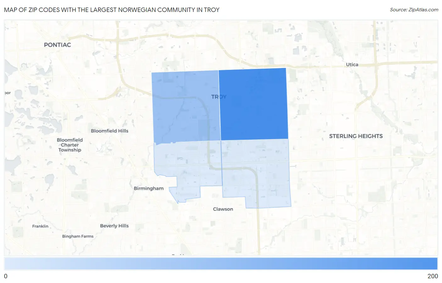 Zip Codes with the Largest Norwegian Community in Troy Map