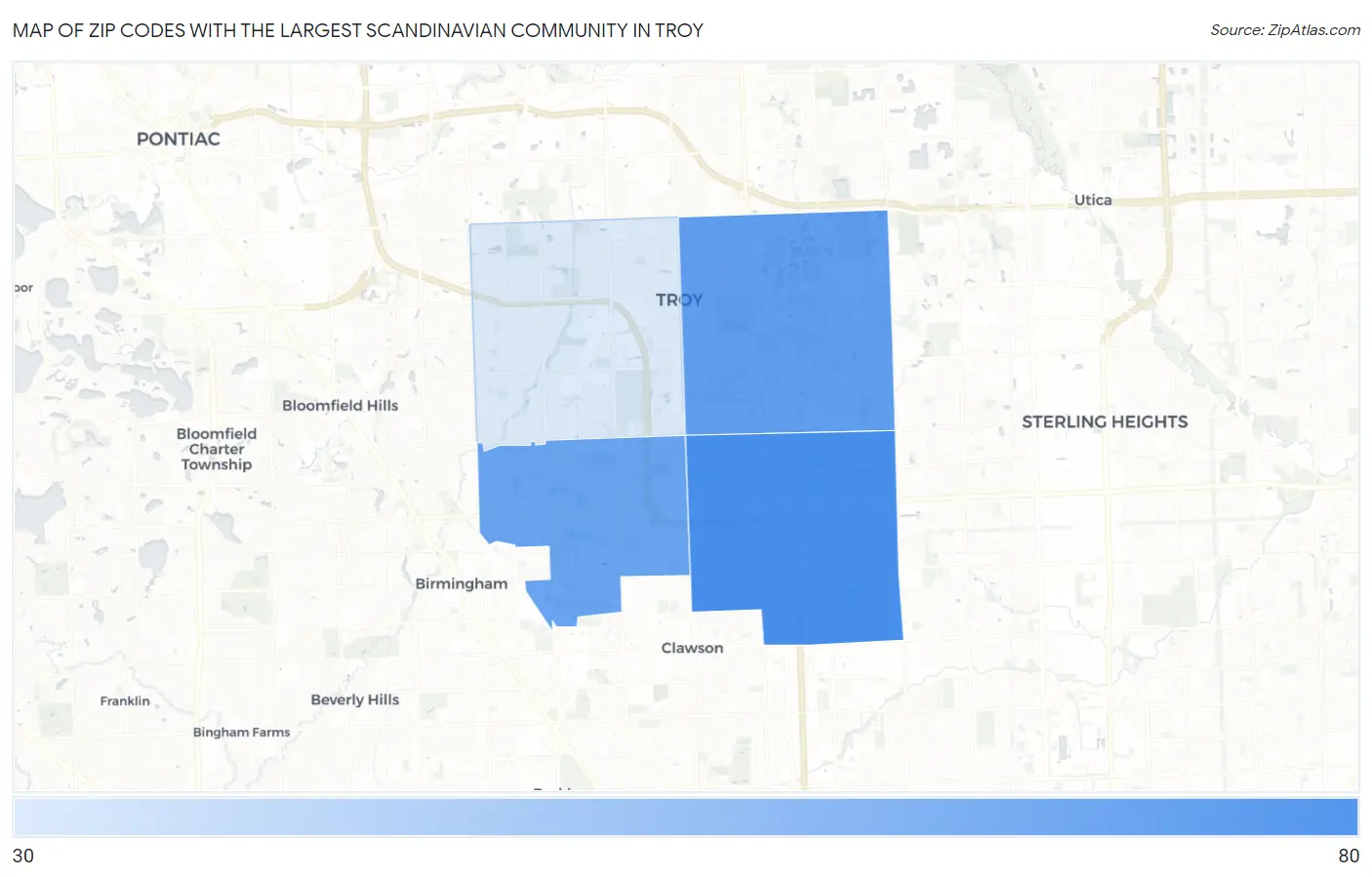 Zip Codes with the Largest Scandinavian Community in Troy Map
