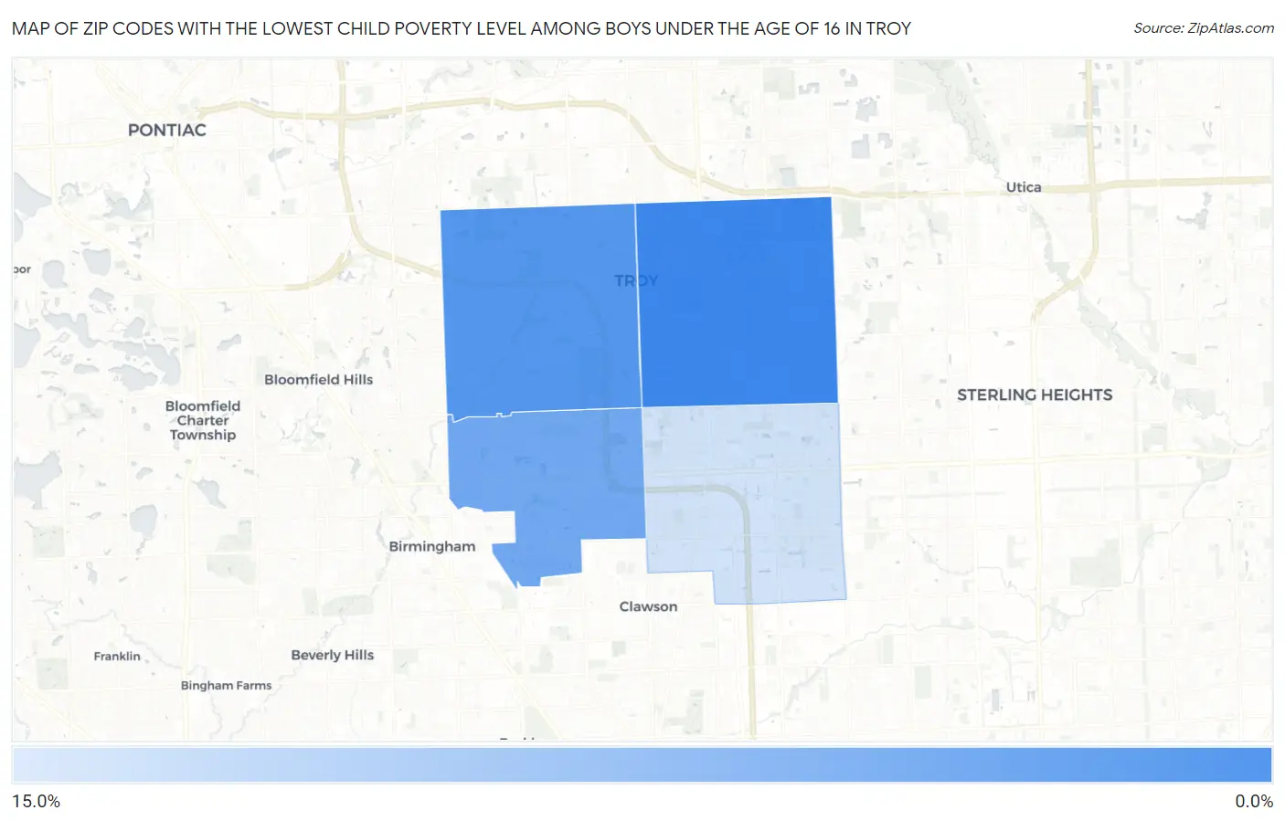 Zip Codes with the Lowest Child Poverty Level Among Boys Under the Age of 16 in Troy Map
