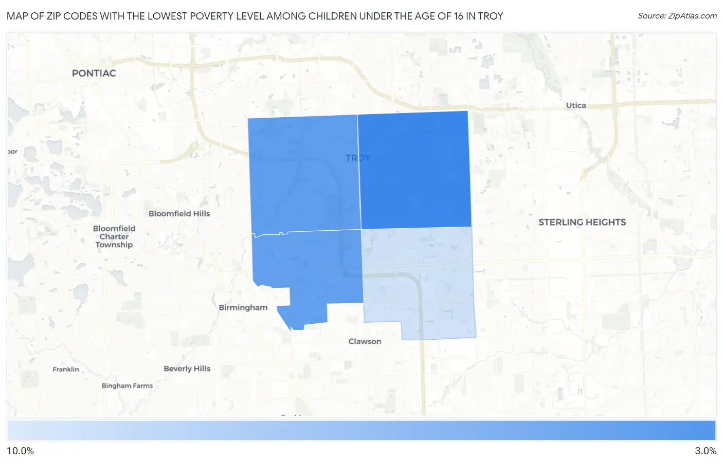 Zip Codes with the Lowest Poverty Level Among Children Under the Age of 16 in Troy Map