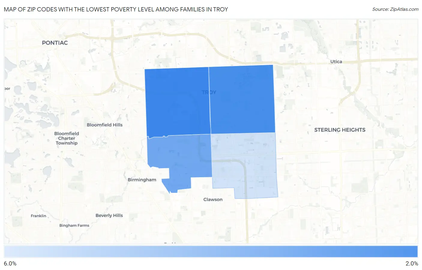 Zip Codes with the Lowest Poverty Level Among Families in Troy Map