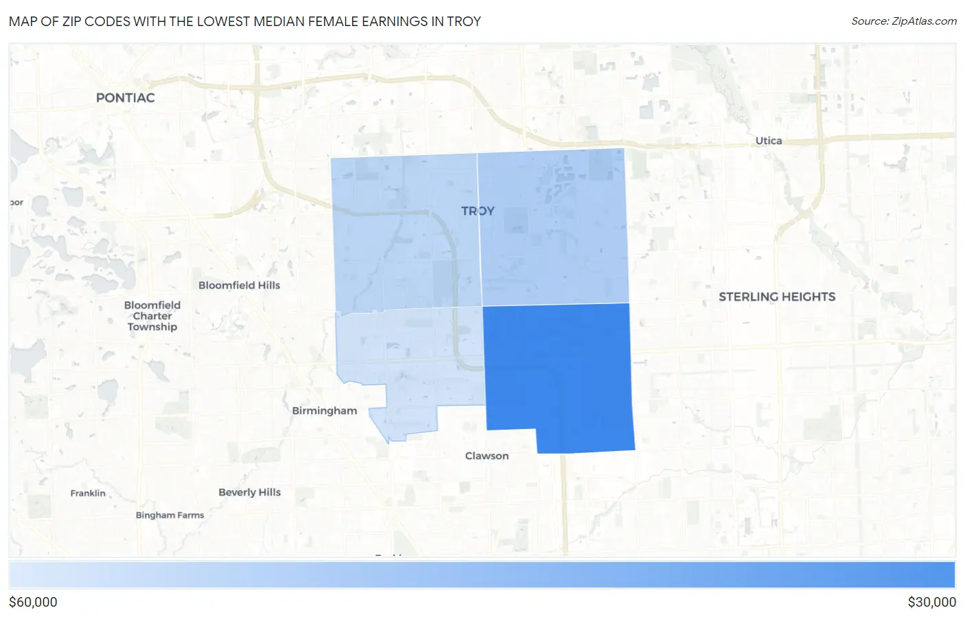 Zip Codes with the Lowest Median Female Earnings in Troy Map