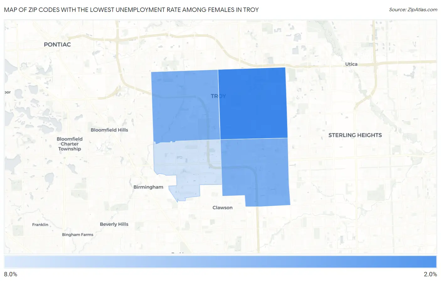 Zip Codes with the Lowest Unemployment Rate Among Females in Troy Map