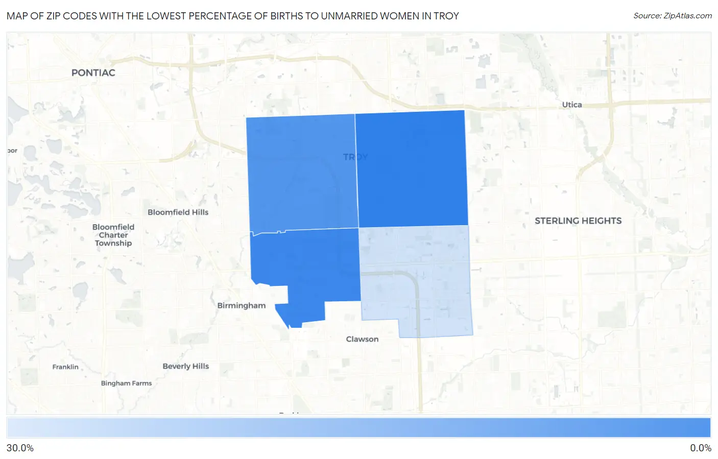 Zip Codes with the Lowest Percentage of Births to Unmarried Women in Troy Map