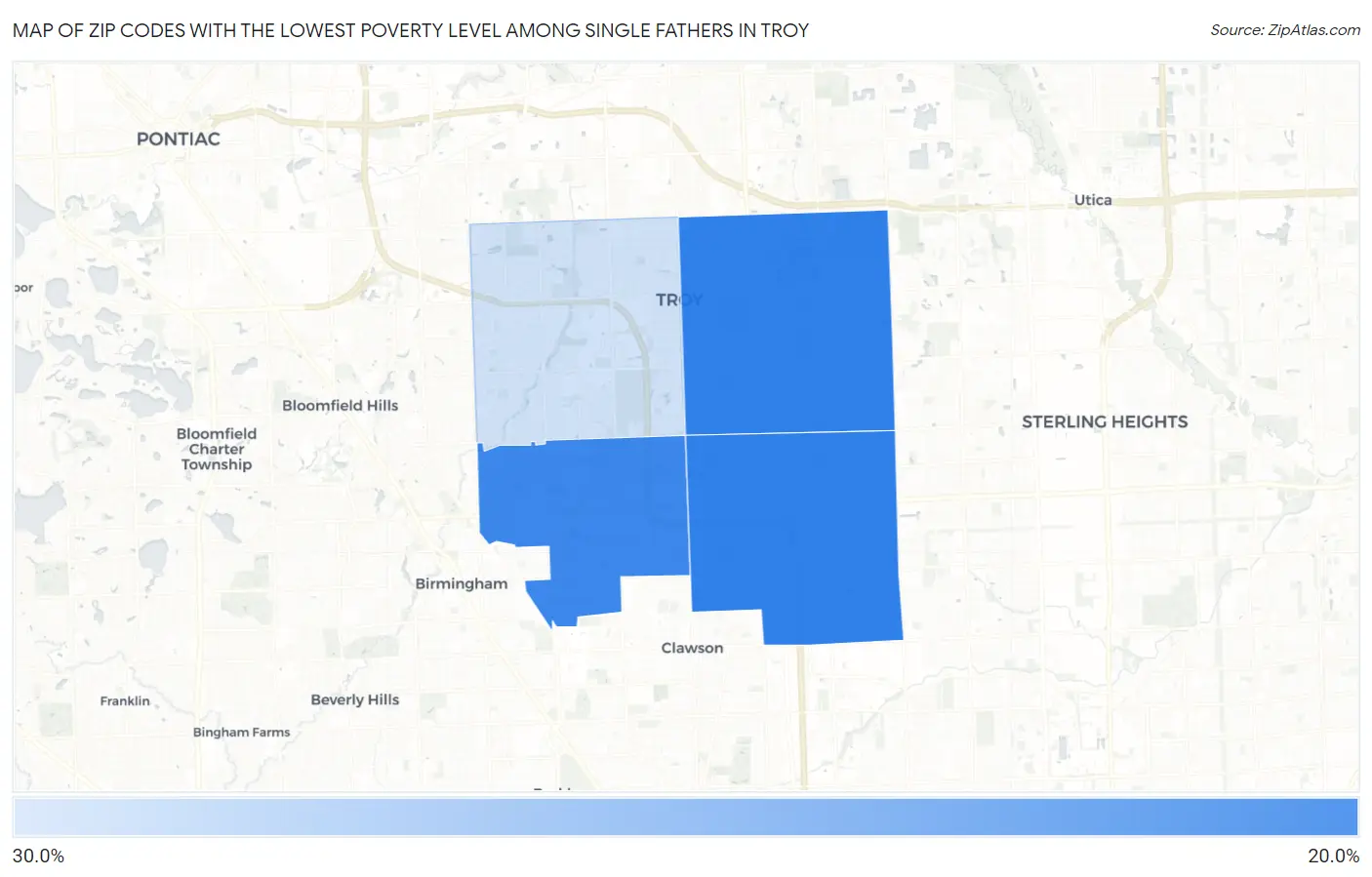 Zip Codes with the Lowest Poverty Level Among Single Fathers in Troy Map