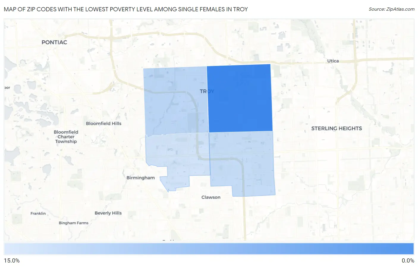 Zip Codes with the Lowest Poverty Level Among Single Females in Troy Map
