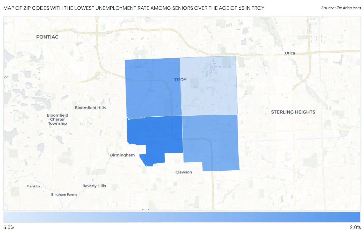Zip Codes with the Lowest Unemployment Rate Amomg Seniors Over the Age of 65 in Troy Map