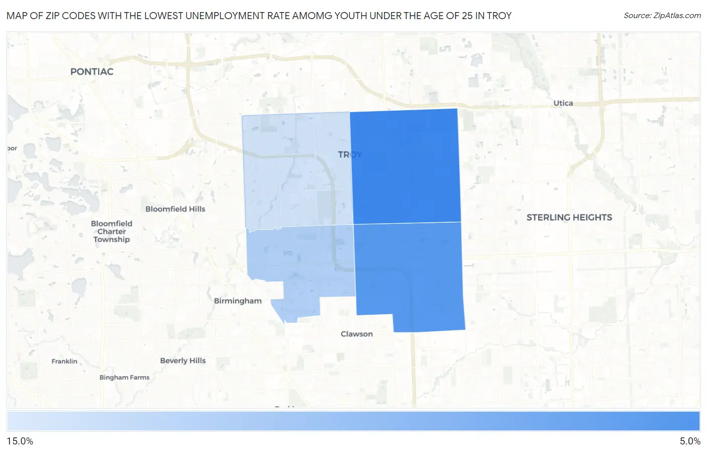 Zip Codes with the Lowest Unemployment Rate Amomg Youth Under the Age of 25 in Troy Map