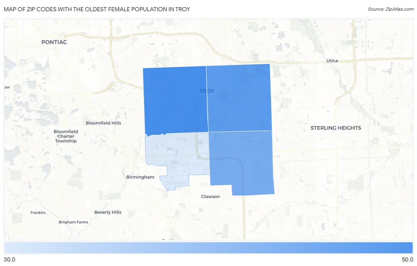 Zip Codes with the Oldest Female Population in Troy Map