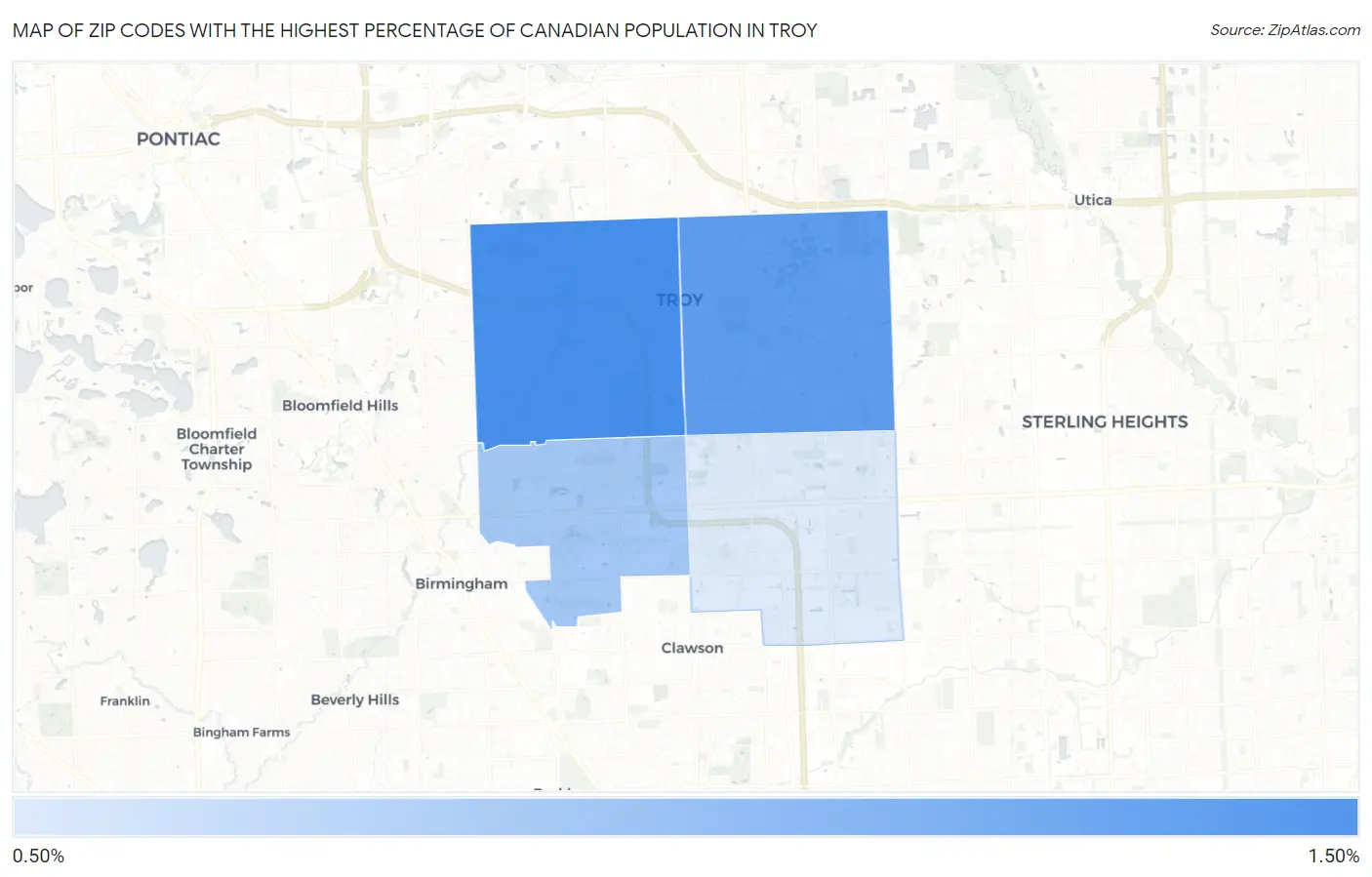 Zip Codes with the Highest Percentage of Canadian Population in Troy Map
