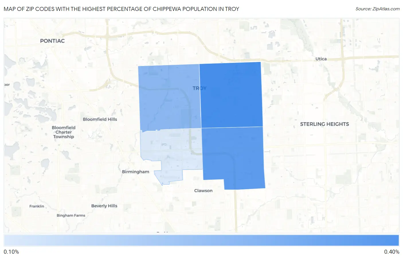 Zip Codes with the Highest Percentage of Chippewa Population in Troy Map