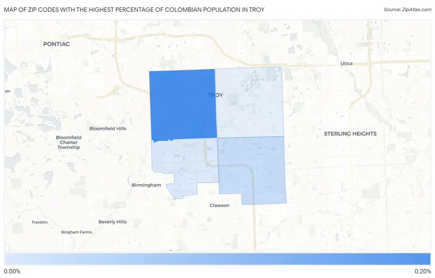 Zip Codes with the Highest Percentage of Colombian Population in Troy Map