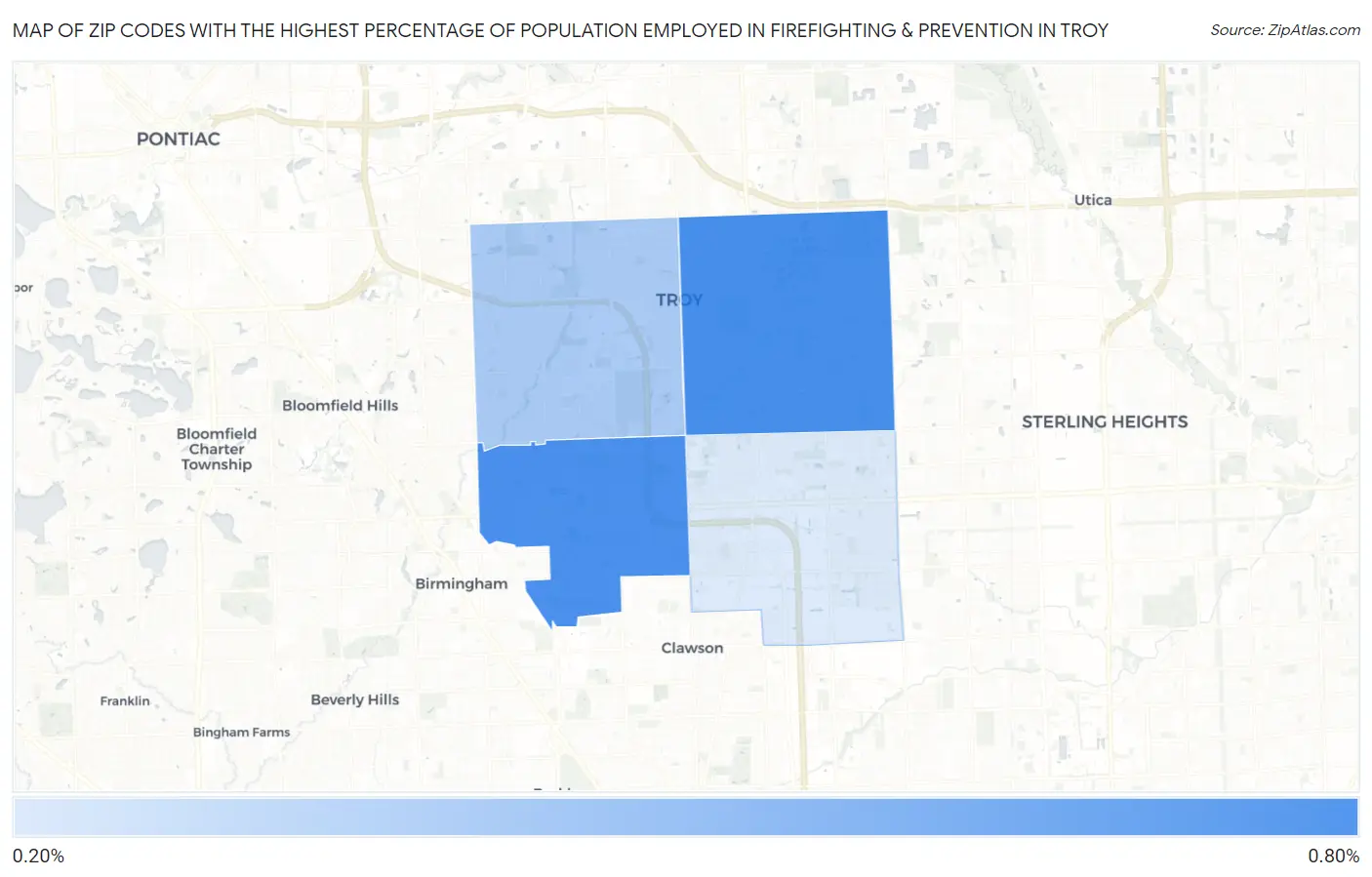 Zip Codes with the Highest Percentage of Population Employed in Firefighting & Prevention in Troy Map